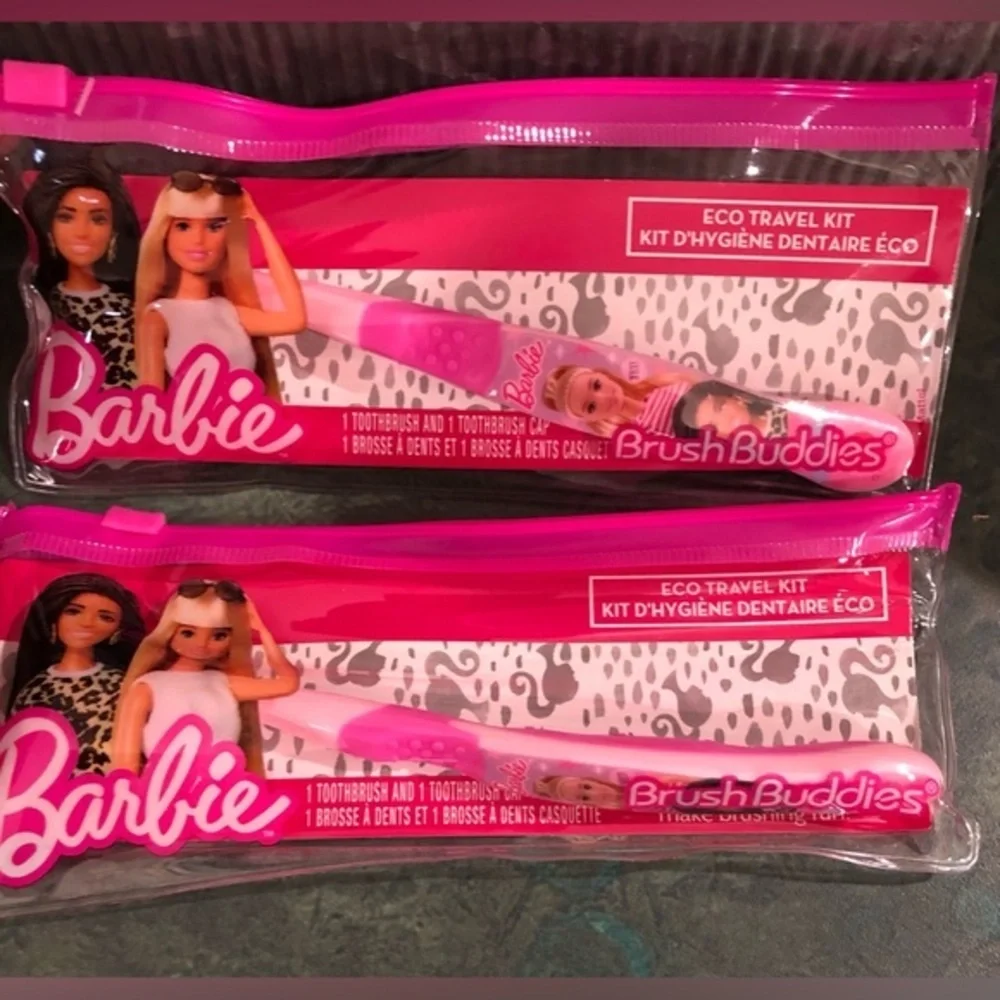 6pc Barbie pink kids children little girl toothbrush, cap & pouch eco travel kit